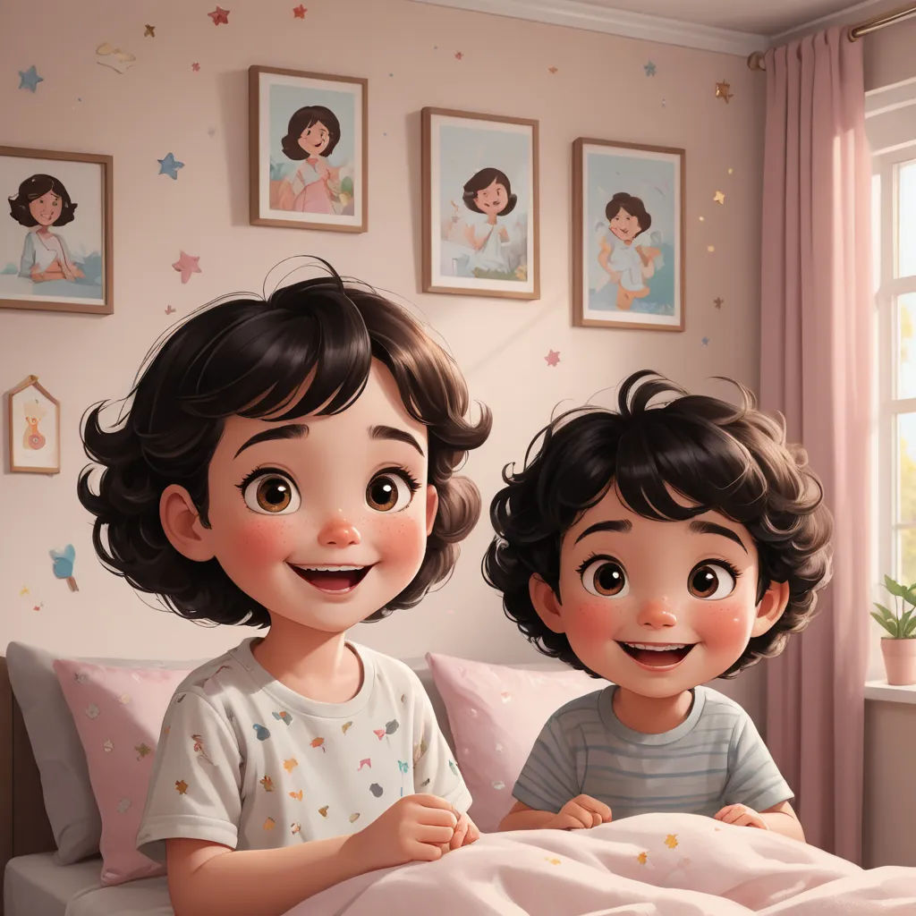 a couple of kids sitting on top of a bed in a bedroom next to a window with pictures on the wall, photorealism, a storybook illustration, Diego Gisbert Llorens, pixar style