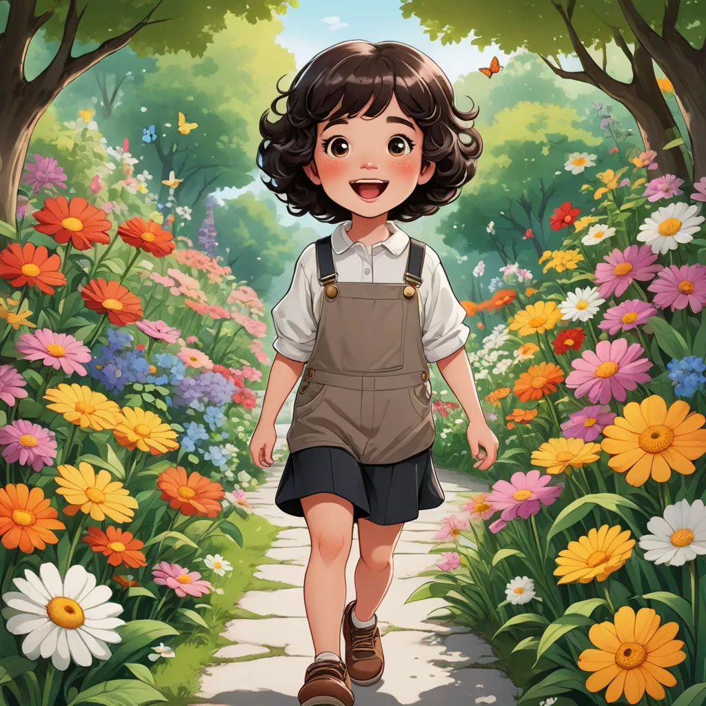 a girl walking down a path in a flower garden with flowers around her and a butterfly flying overhead in the sky, aestheticism, a storybook illustration, Anne Said, official art