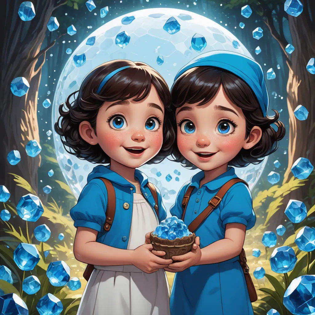 two children are holding a basket of blue crystals in front of a full moon and trees with leaves and branches, fantasy art, a detailed painting, Artgerm, rossdraws global illumination