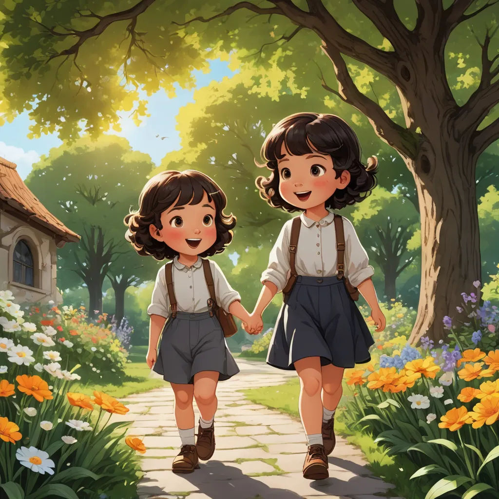 two children walking down a path in a park with flowers and trees on either side of them and a house in the background, paris school, a storybook illustration, Brothers Hildebrandt, official art