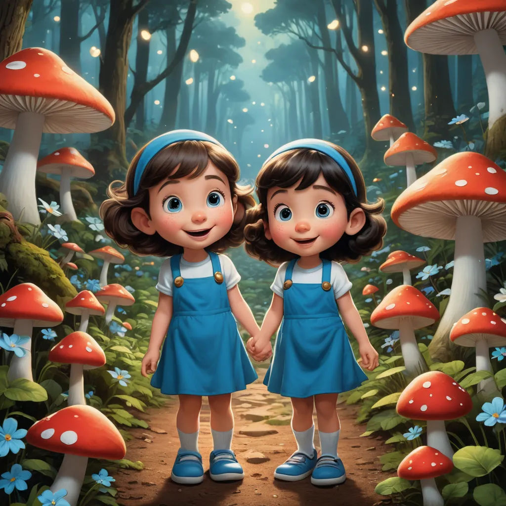 two children standing in the middle of a forest with mushrooms and mushrooms on the ground, with a light shining on them, pop surrealism, a storybook illustration, David Martin, rossdraws global illumination