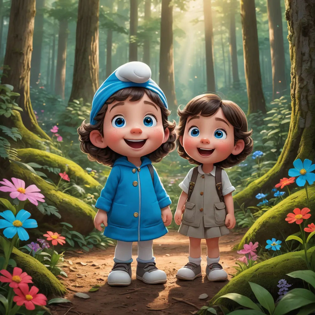 a couple of kids standing in the middle of a forest with flowers on the ground and trees in the background, serial art, poster art, Ada Gladys Killins, promotional image