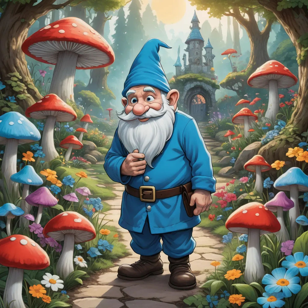 a cartoon gnome standing in a forest with mushrooms and flowers around him, looking at the camera, with a forest background, fantasy art, a storybook illustration, Anne Stokes, fantasy artwork