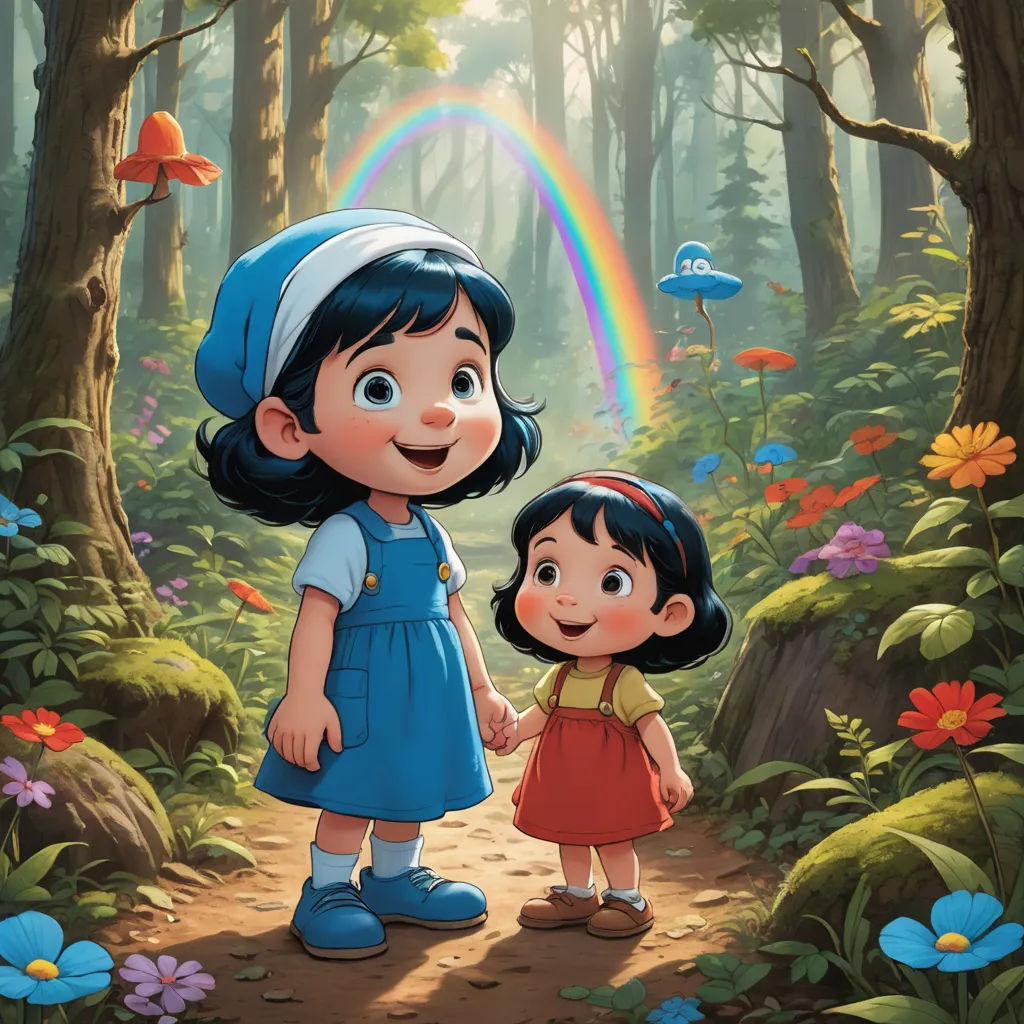a cartoon of a little girl and a girl holding hands in the woods with a rainbow in the background, lyco art, a storybook illustration, Alice Prin, promotional image