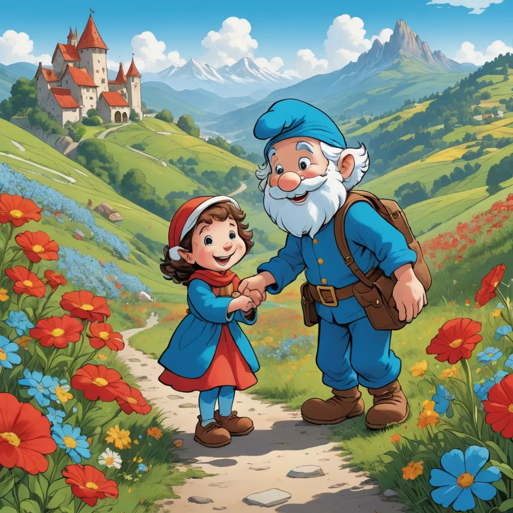 a little girl and an old man are walking through a field of flowers and flowers in front of a castle, fantasy art, a storybook illustration, Brothers Hildebrandt, storybook illustration