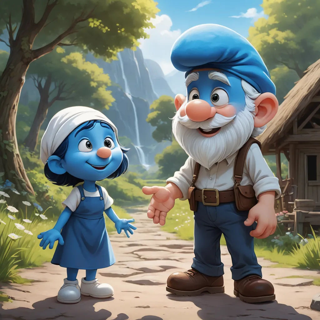a cartoon character is talking to a little girl in a blue dress and a white hat and a house, american scene painting, concept art, Cliff Childs, promotional image