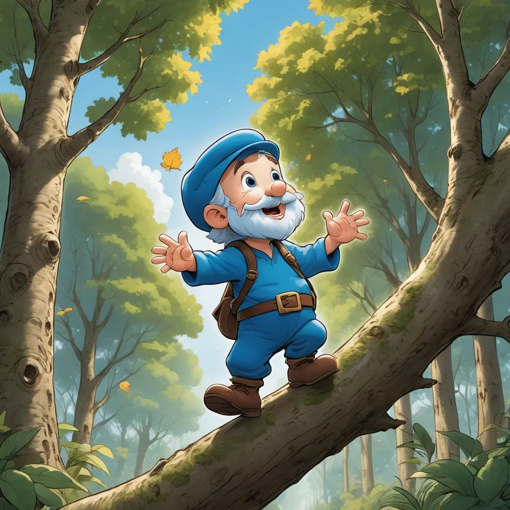 a cartoon of a gnome climbing a tree branch in the woods with a butterfly flying overhead in the sky, fantasy art, a storybook illustration, Cliff Childs, official art