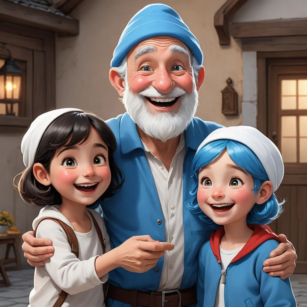 a cartoon of a man with two children and a man with a beard and a beard, and a woman with a white beard and a blue shirt and white shirt, sots art, a storybook illustration, Cliff Childs, professional digital painting