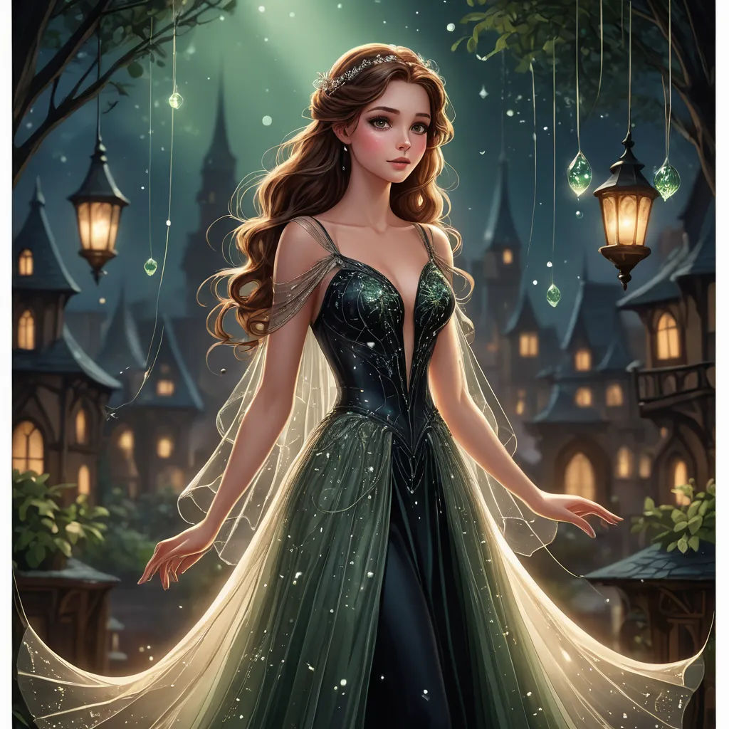 a beautiful young lady in a green dress standing in front of a castle at night with a lantern hanging from the ceiling, fantasy art, a detailed painting, Charlie Bowater, kinkade