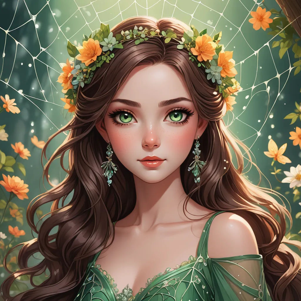 a girl with long hair wearing a green dress and a flower crown on her head, with a spider web in the background, fantasy art, a detailed painting, Anna Dittmann, beautiful detailed