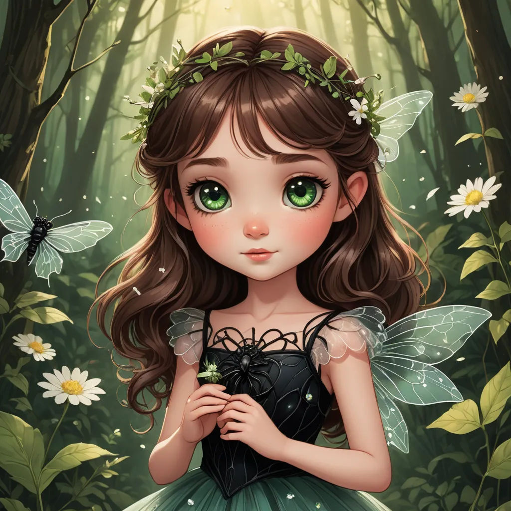 a little girl in a green dress standing in a forest with butterflies around her head and a butterfly in her hand, fantasy art, a storybook illustration, Anne Stokes, fantasy artwork