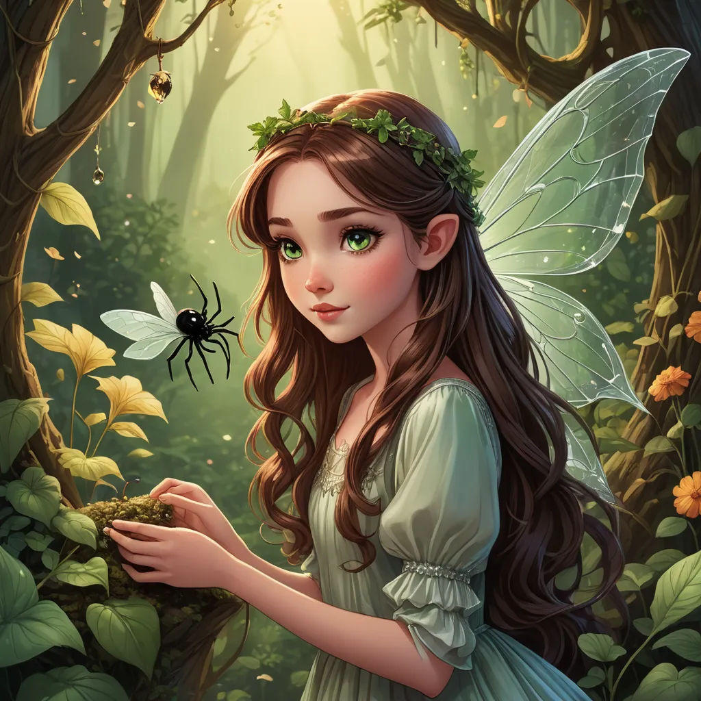 a fairy holding a spider in a forest with a spider on her hand and a green dress on her, fantasy art, a storybook illustration, Anne Stokes, kinkade