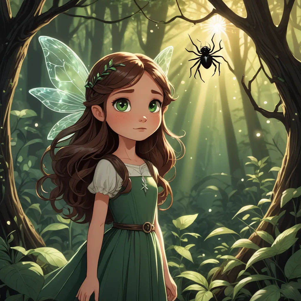 a little girl in a green dress standing in a forest with a spider on her shoulder and a spider on her shoulder, fantasy art, a storybook illustration, Anne Stokes, storybook illustration