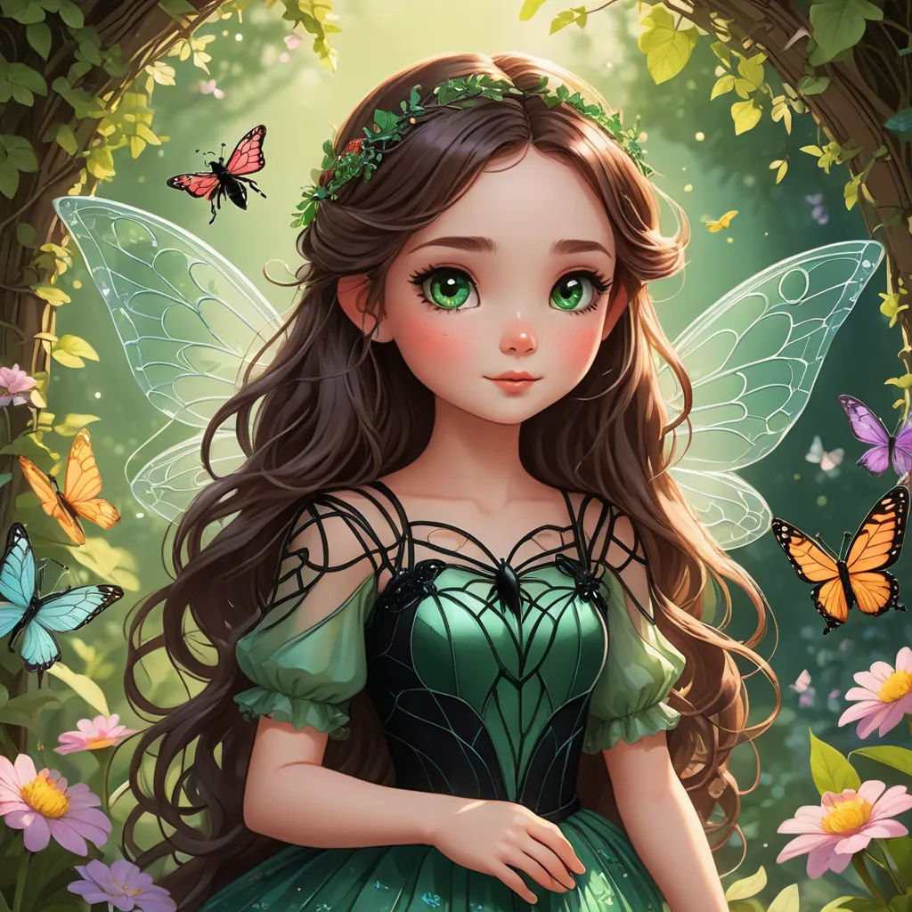 a beautiful fairy with green eyes and a green dress in a forest with butterflies around her, with a butterfly in her hair, fantasy art, a storybook illustration, Anne Stokes, kinkade