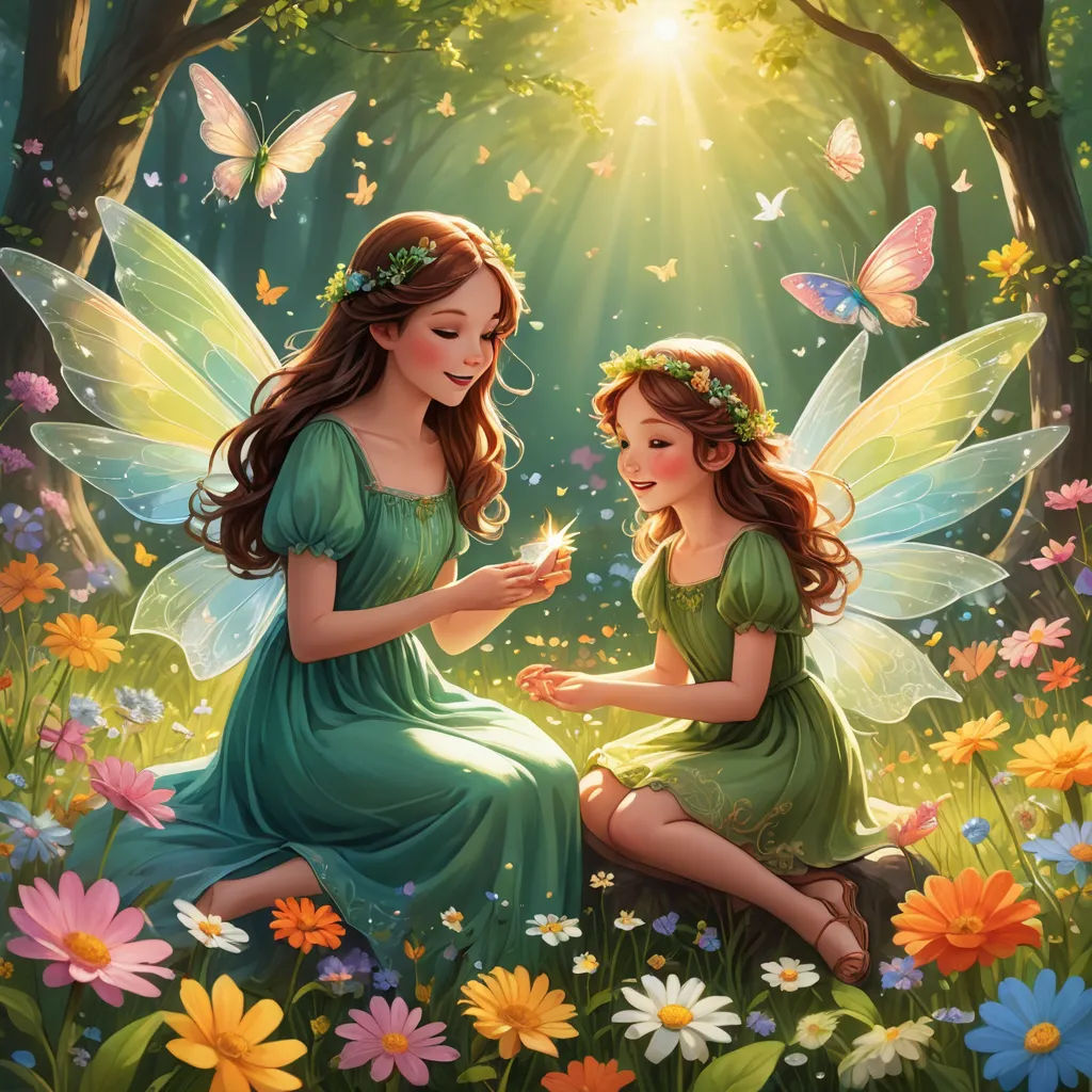 two beautiful young girls sitting on a tree stump in a forest with butterflies and flowers around them, both looking at a phone, fantasy art, a storybook illustration, Anne Stokes, storybook illustration