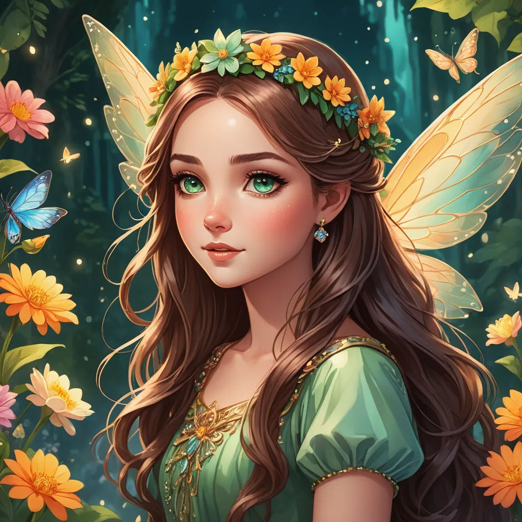 a beautiful fairy with flowers in her hair and a butterfly on her head, standing in front of a forest, fantasy art, a detailed painting, Anne Stokes, fantasy artwork