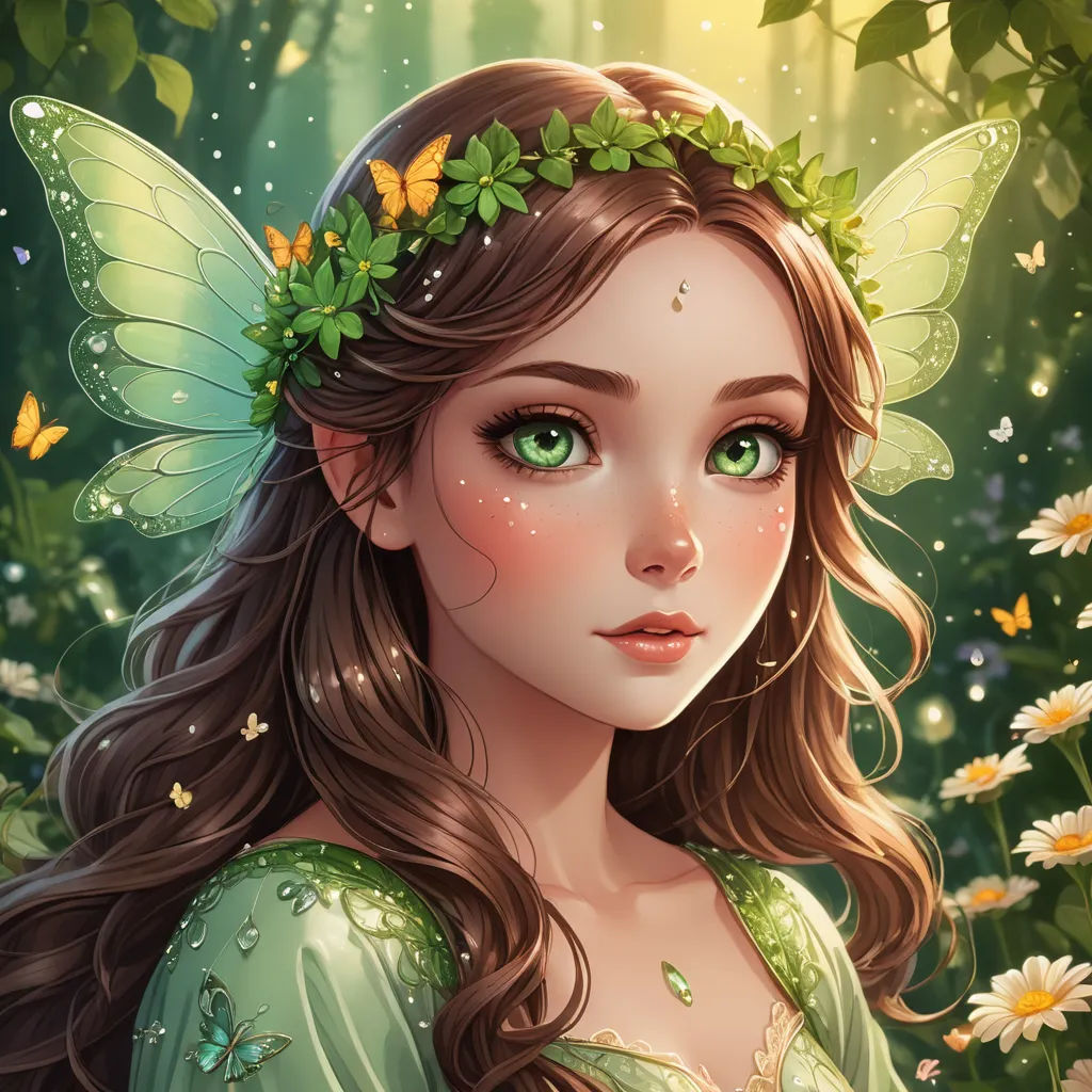a beautiful young girl with green eyes and a green dress in a forest with daisies and butterflies around her, fantasy art, a detailed painting, Anne Stokes, fantasy artwork