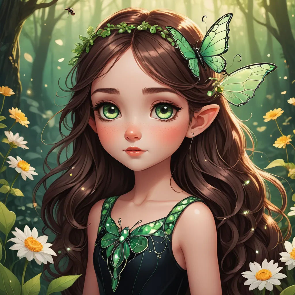 a girl with long hair and green eyes in a forest with daisies and butterflies on her head and a butterfly in her hair, fantasy art, a character portrait, Anne Stokes, fantasy character portrait