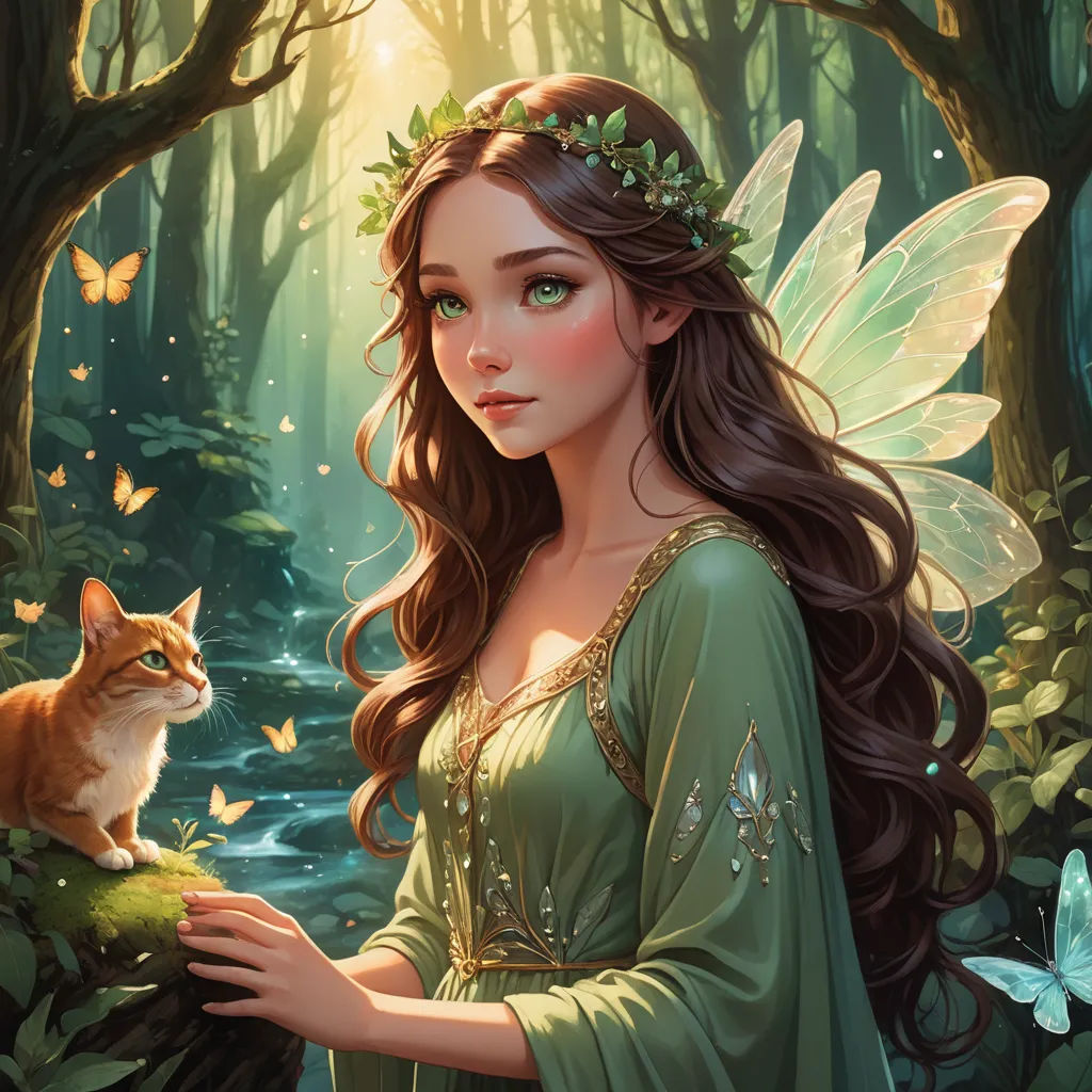 a beautiful fairy with a cat in a forest setting with butterflies around her and a stream running through the woods, fantasy art, a storybook illustration, Anne Stokes, kinkade