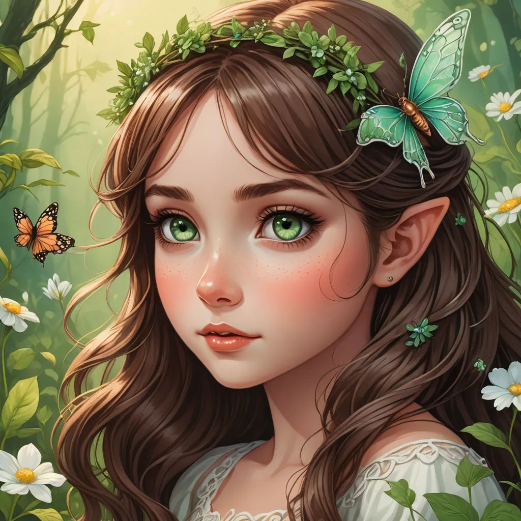 a girl with a butterfly on her head and a butterfly on her hair, in a forest with daisies, fantasy art, a detailed painting, Artgerm, trending on art station