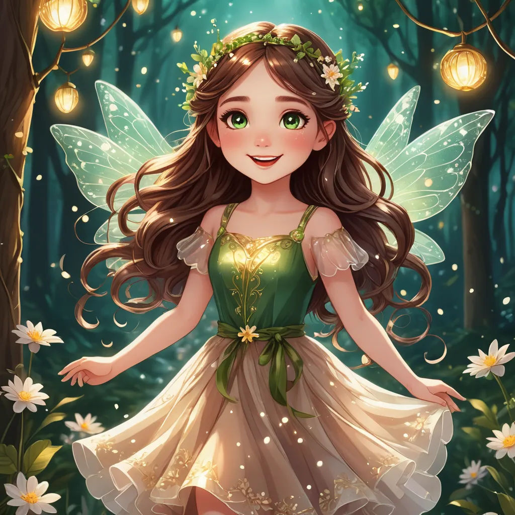 a fairy with long hair and a green dress standing in a forest with flowers and lights around her head, fantasy art, a storybook illustration, Anne Stokes, fantasy artwork