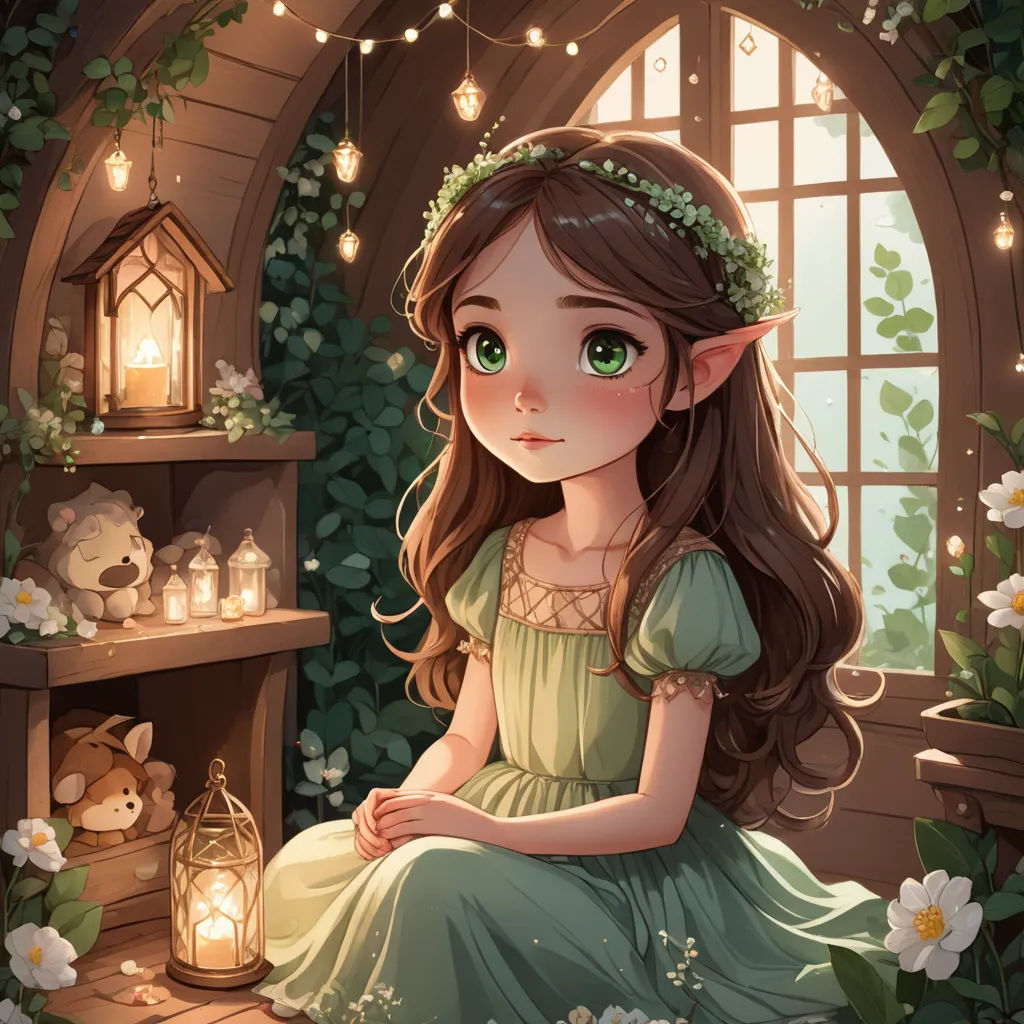 a girl in a green dress sitting on a window sill with a lantern in her hand and a fairy light in the background, fantasy art, a storybook illustration, Anne Stokes, storybook illustration