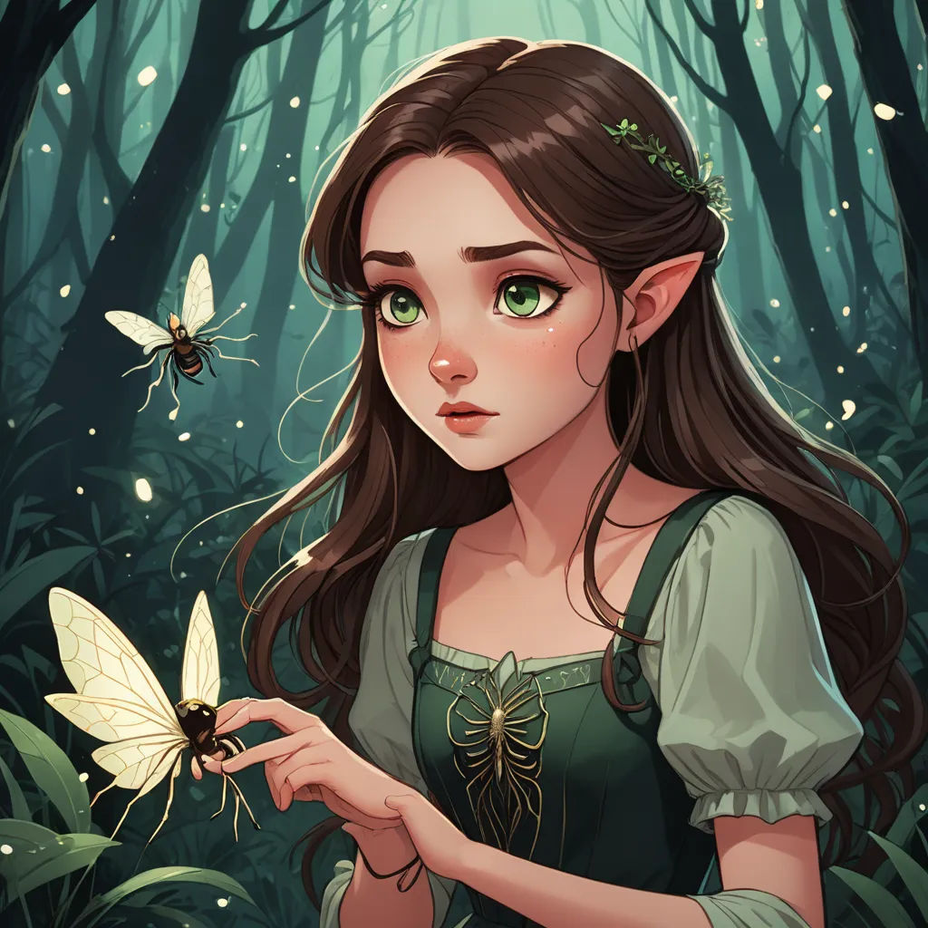 a girl in a green dress holding a butterfly in a forest with a butterfly on her finger and a butterfly on her finger, fantasy art, a storybook illustration, Charlie Bowater, fireflies