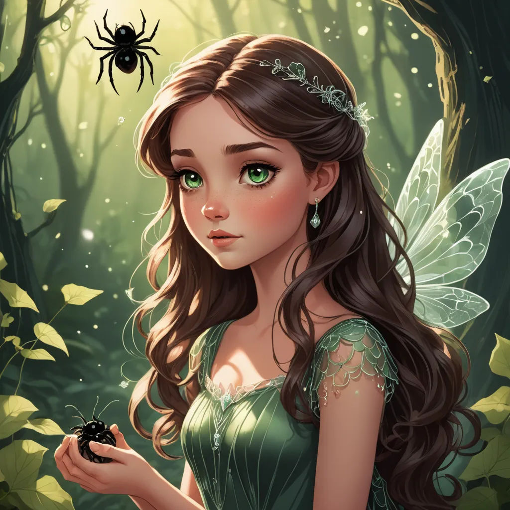 a beautiful young lady holding a black spider in a forest with a green dress and tiara on her head, fantasy art, a storybook illustration, Anne Stokes, enchanting