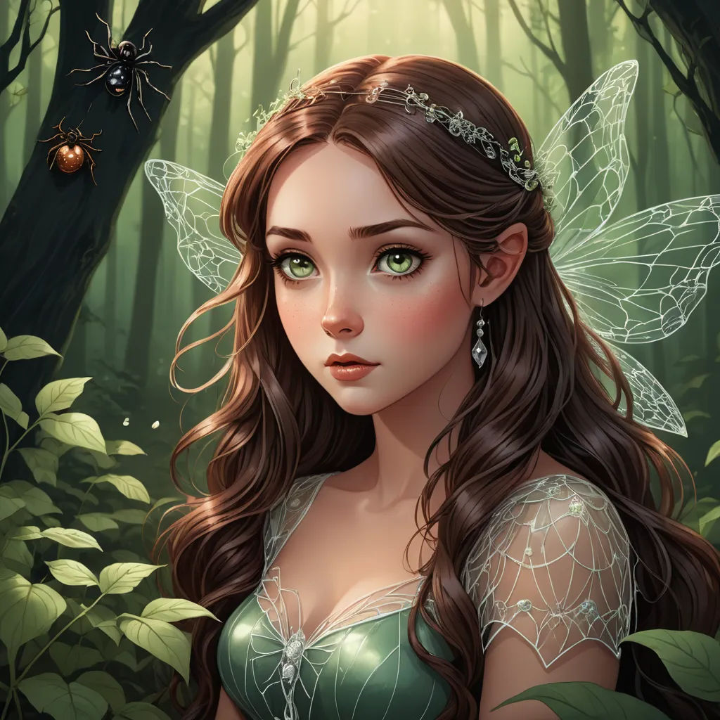 a beautiful young lady in a green dress in a forest with a spider on her shoulder and a spider on her shoulder, fantasy art, a detailed painting, Anne Stokes, highly detailed digital painting