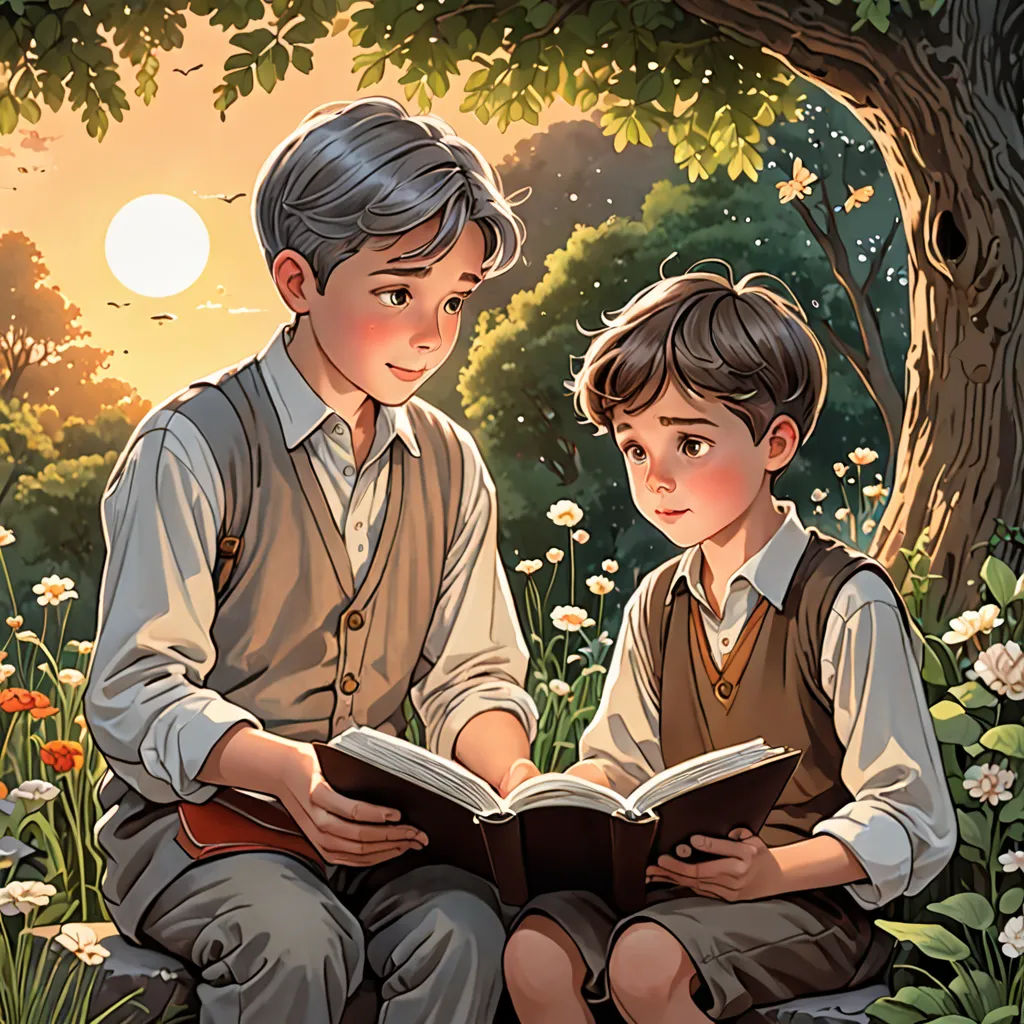 a boy and a boy sit in a field reading a book together, with the sun shining through the trees, a storybook illustration, storybook illustration, art & language, Brothers Hildebrandt