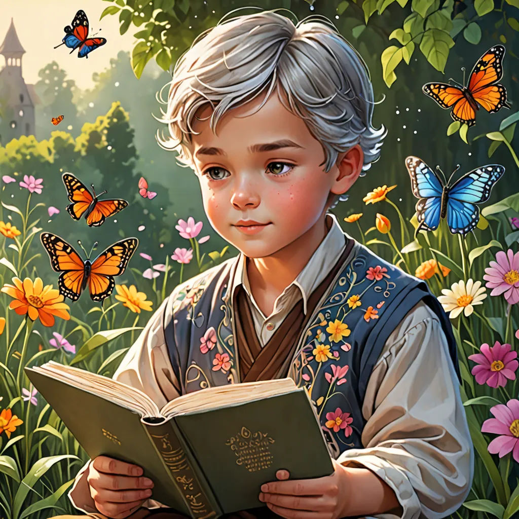 a painting of a boy reading a book in a field of flowers with butterflies flying around him and a castle in the background, a storybook illustration, storybook illustration, fantasy art, Aaron Jasinski