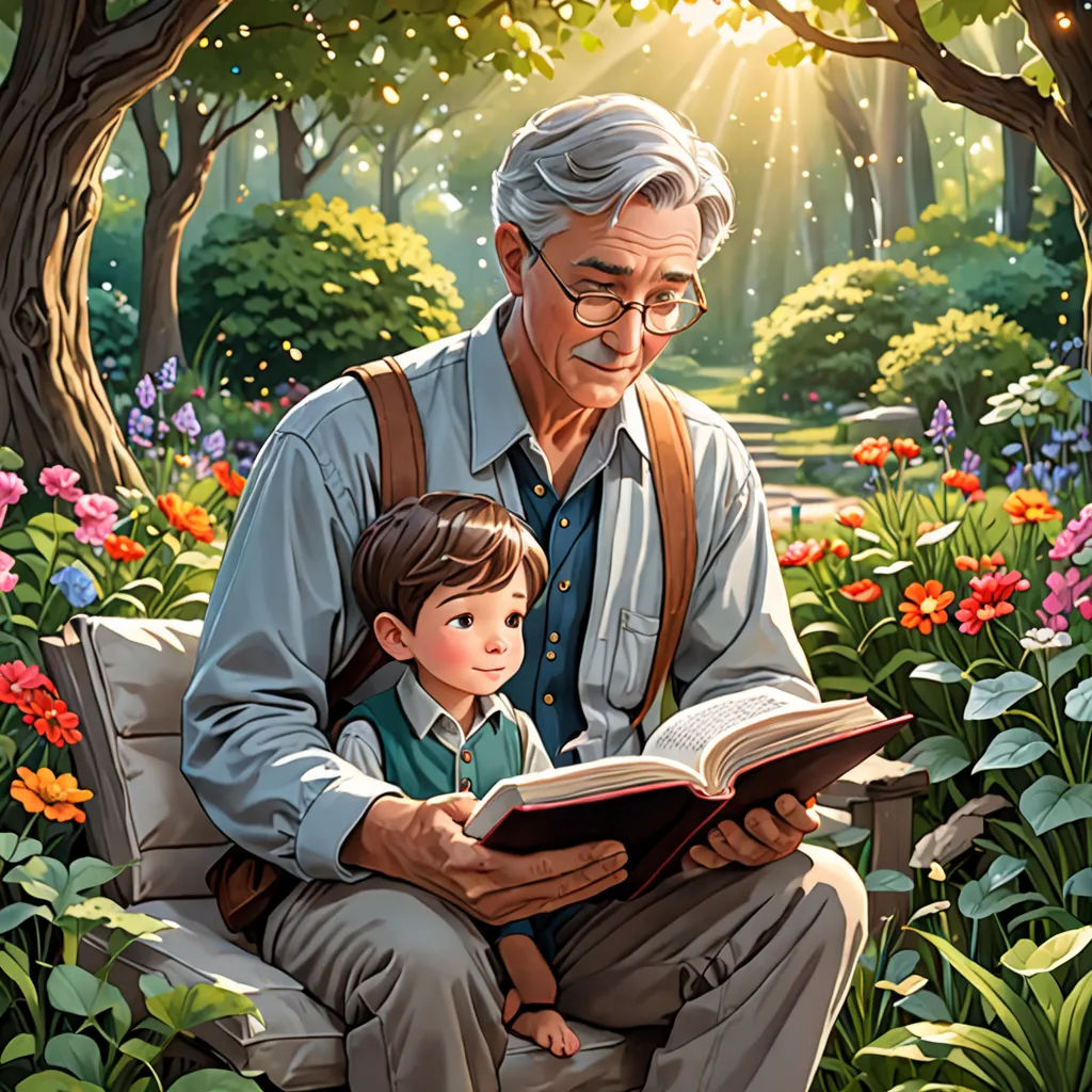 a man and a child are sitting on a bench reading a book in a park with flowers and trees, a storybook illustration, storybook illustration, fantasy art, Cliff Childs