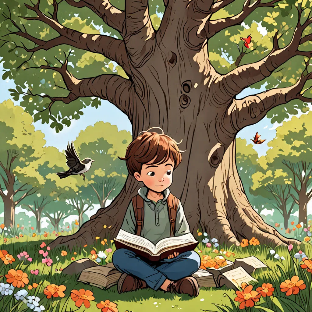 a boy sitting on the ground reading a book under a tree with a bird flying overhead in a park, a storybook illustration, storybook illustration, fantasy art, Diego Gisbert Llorens