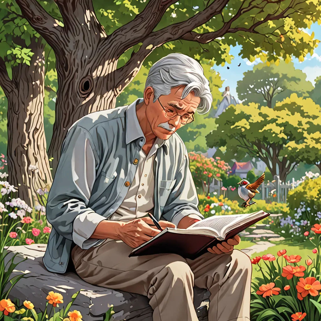 a man sitting on a rock reading a book in a park with flowers and trees around him and a bird flying by, a storybook illustration, yukito kishiro, precisionism, Cliff Childs