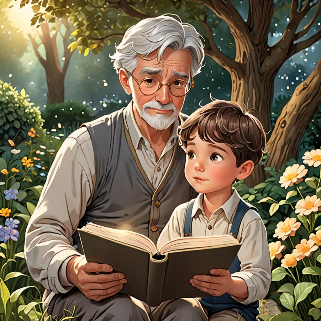 a man and a boy are reading a book in the woods together, with a tree in the background, a storybook illustration, storybook illustration, magical realism, Cliff Childs