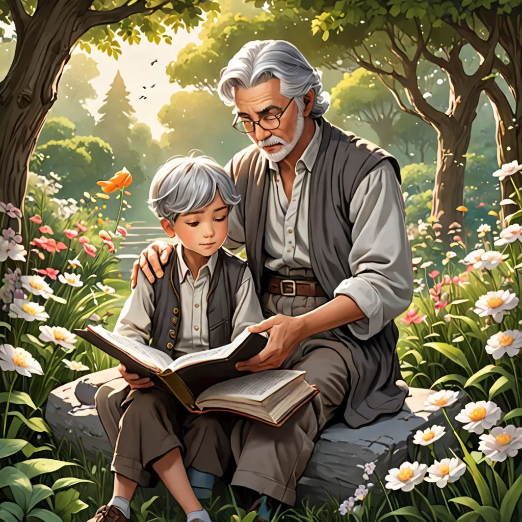 a man and a boy are sitting on a rock reading a book together in a field of flowers and trees, a storybook illustration, storybook illustration, fantasy art, Aaron Jasinski