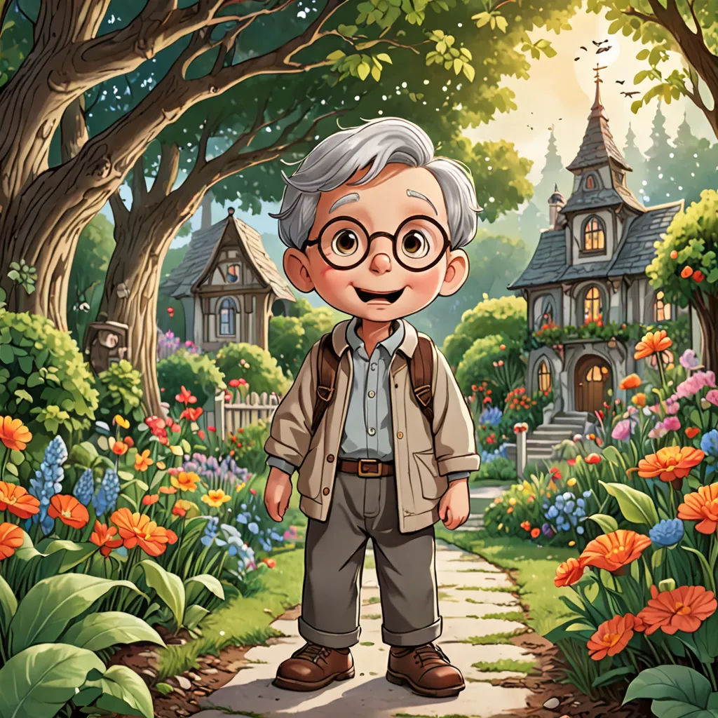 a cartoon character standing in front of a garden with flowers and a house in the background with a pathway, a character portrait, character portrait, naive art, Cliff Childs