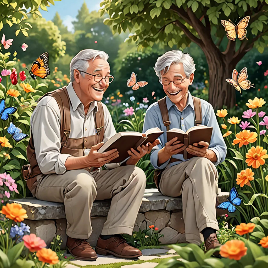 a painting of two men sitting on a bench reading a book together in a garden with butterflies flying overhead, a storybook illustration, official art, american scene painting, Brothers Hildebrandt