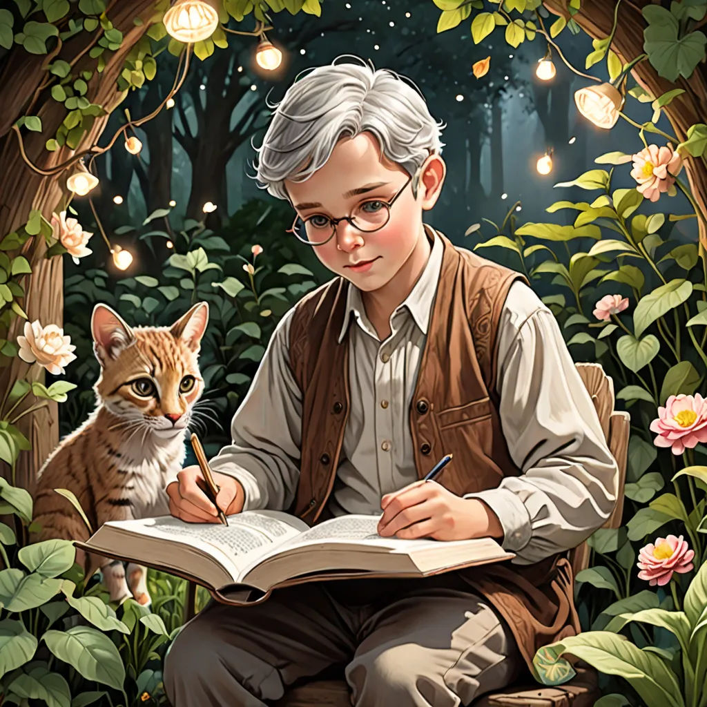 a man sitting in a chair with a cat and a book in his lap and a light string hanging from the ceiling, a storybook illustration, storybook illustration, fantasy art, Aaron Jasinski