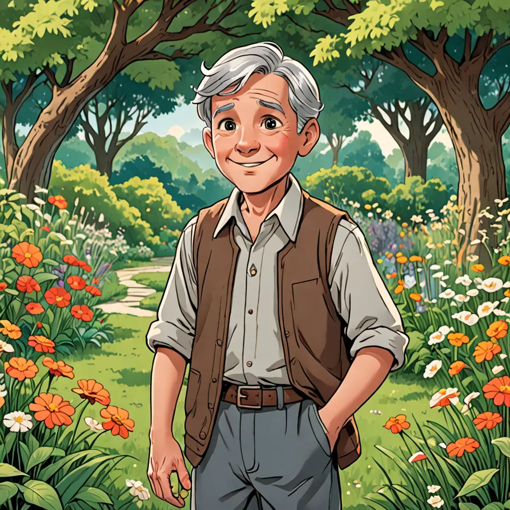 a man standing in a field of flowers with trees in the background and a path leading to the woods, a character portrait, official art, lyco art, Cliff Childs