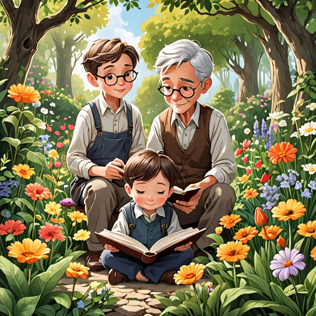 a man and a boy are sitting in a field of flowers reading a book together, with a tree in the background, a storybook illustration, storybook illustration, fantasy art, Cyril Rolando