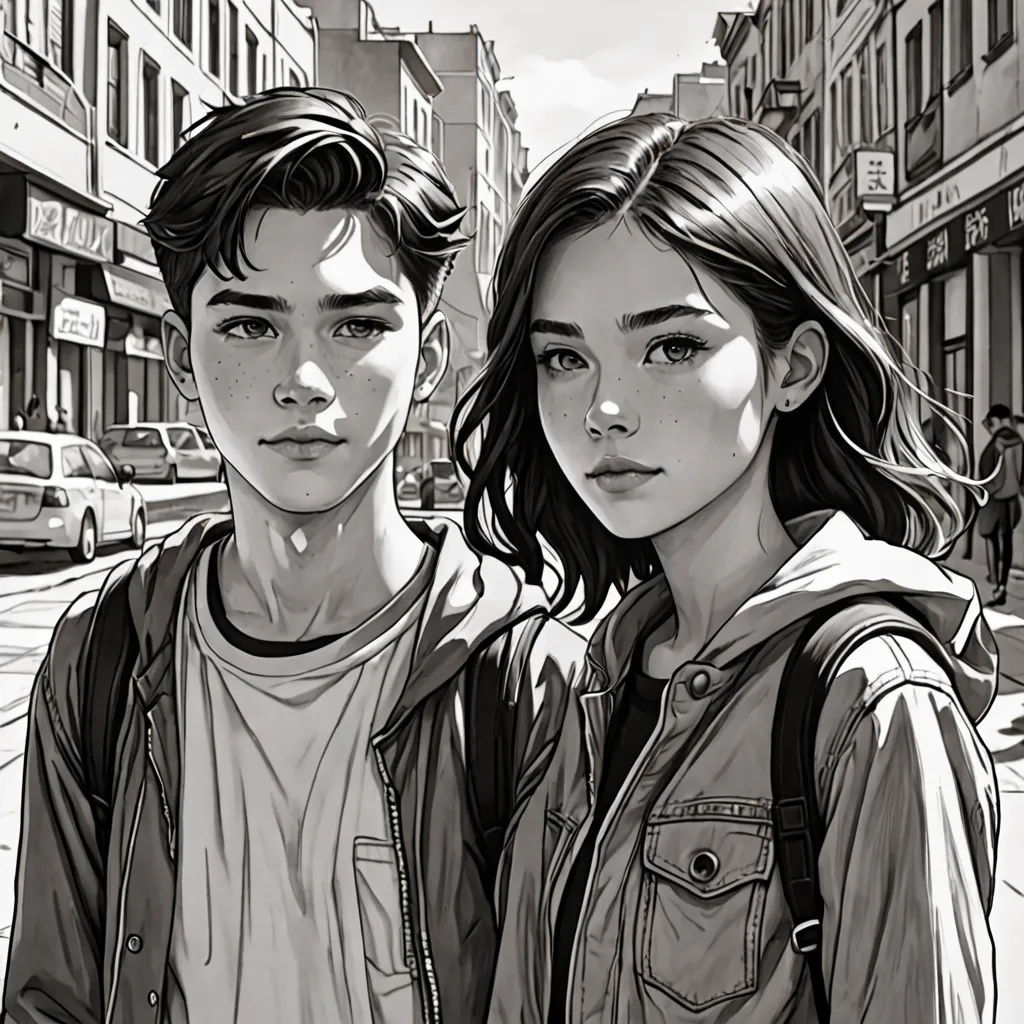 a couple of people standing next to each other on a street corner with buildings in the background and a car parked on the side of the road, Artgerm, hyperrealism, a comic book panel, stanley artgerm lau