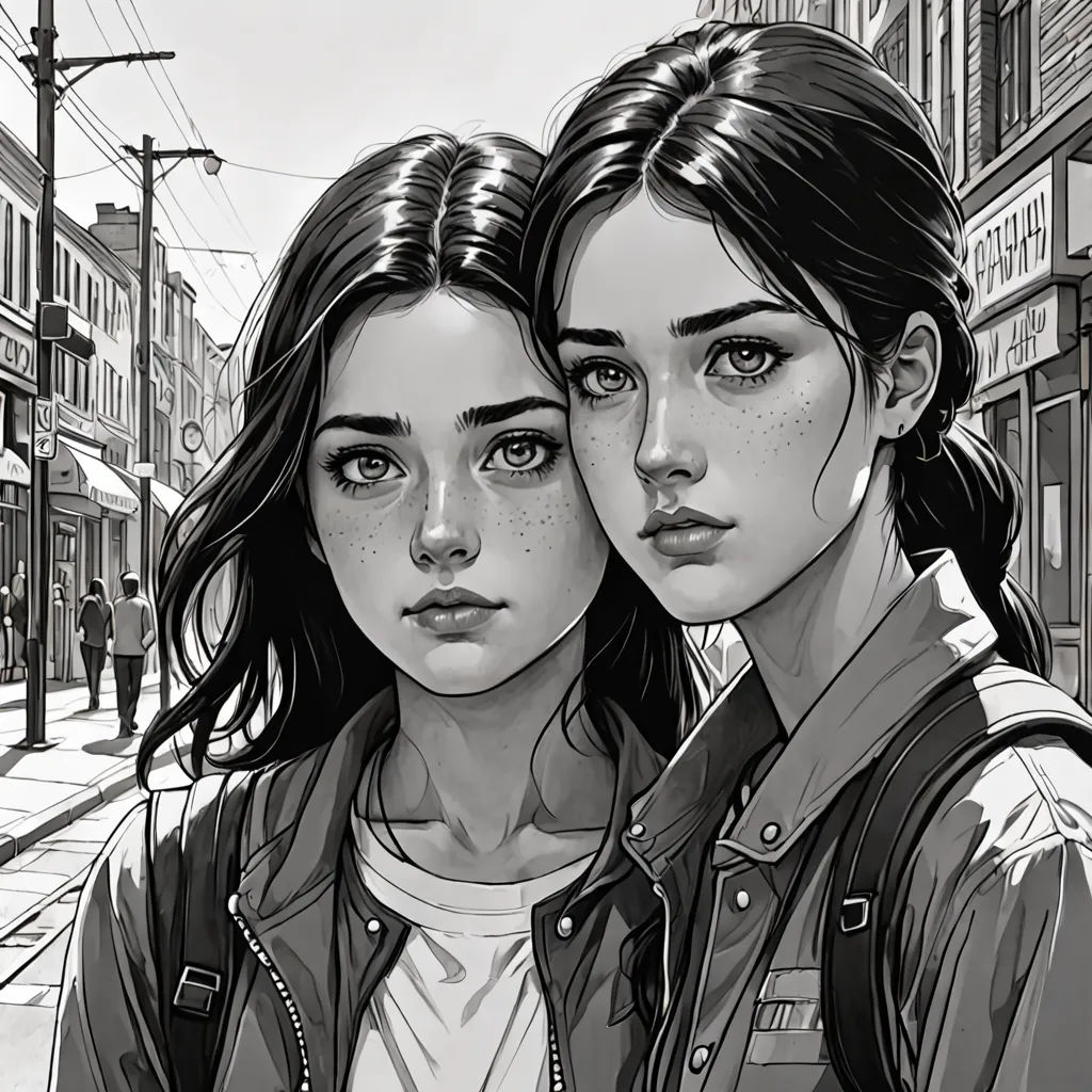 two girls standing next to each other on a street corner with buildings in the background and a tram on the street, Charlie Bowater, hyperrealism, a comic book panel, stanley artgerm lau