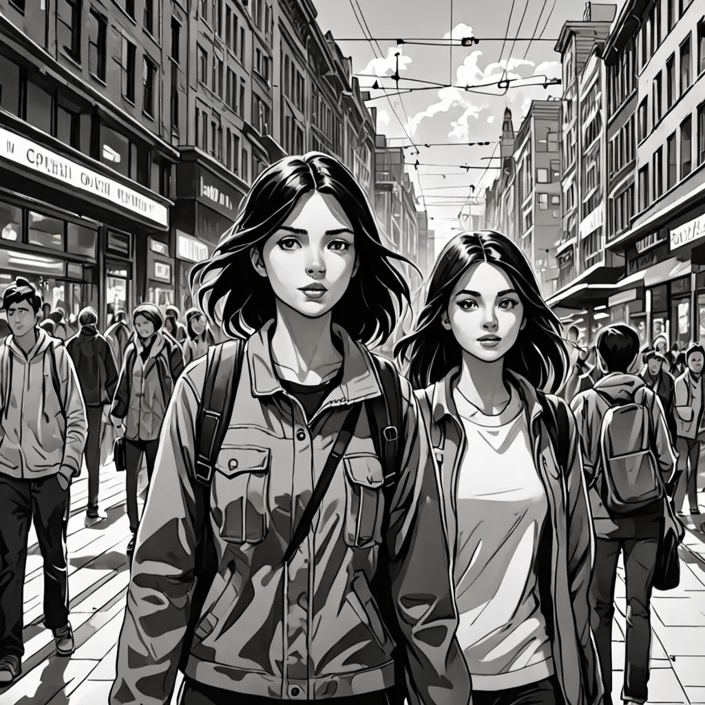 two women walking down a street in a city with people walking by them and a tram overhead in the background, David Park, modern european ink painting, a comic book panel, comic cover art