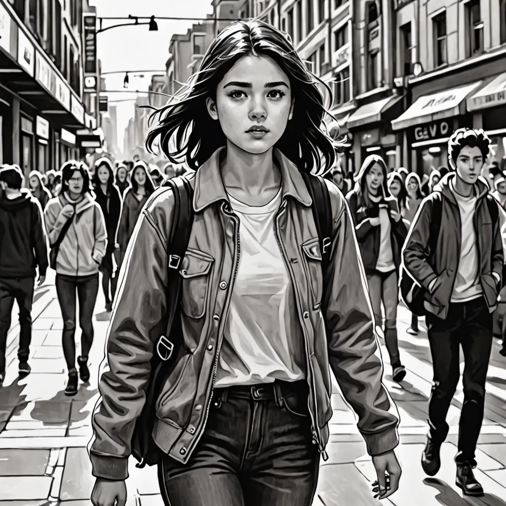 a woman walking down a street next to a crowd of people on a sidewalk with a backpack on her shoulder, David Park, photorealism, a photorealistic painting, stanley artgerm lau