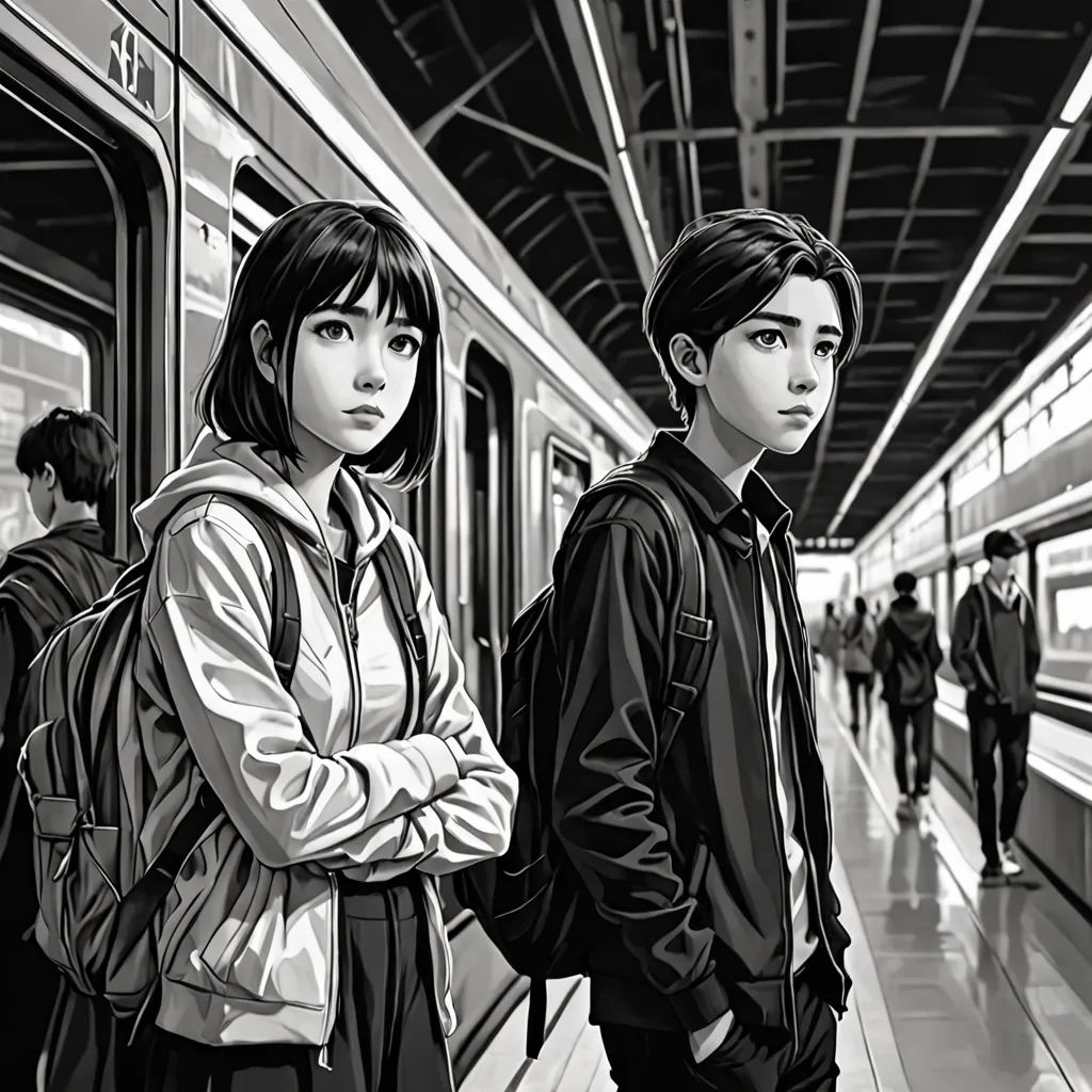 a couple of people standing next to a train at a station with a train in the background and people walking by, Artgerm, serial art, a manga drawing, manga and anime 1 9 9 9