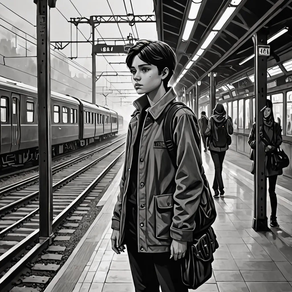 a man standing on a train platform next to a train station with a train on the tracks and people walking on the platform, Asaf Hanuka, photorealism, an ultrafine detailed painting, highly detailed digital painting