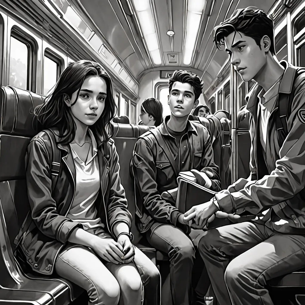 a black and white drawing of people sitting on a train together, looking at something in the distance, with a man in the background, David Park, serial art, a comic book panel, official art