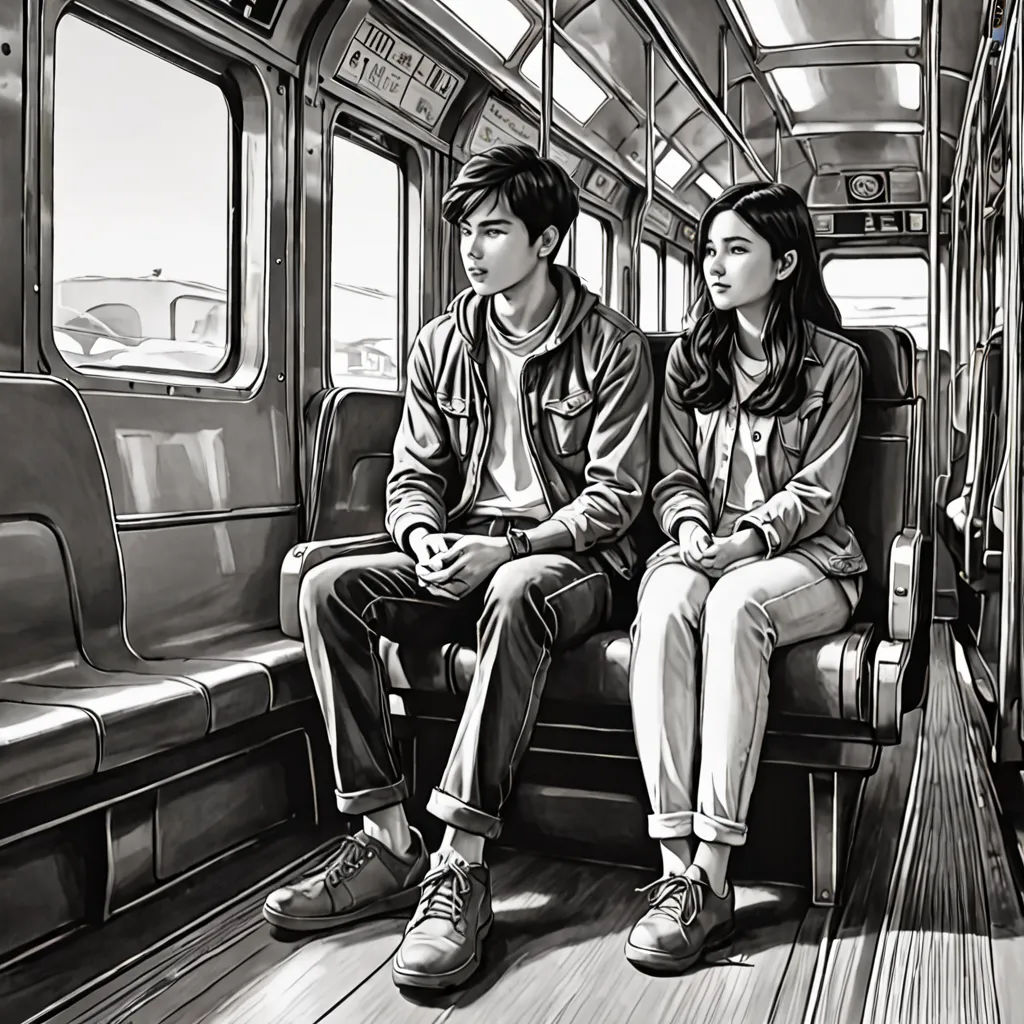 a drawing of two people sitting on a train together, looking out the window, with the seats facing the opposite direction, David Park, hyperrealism, an ultrafine detailed painting, highly detailed digital painting