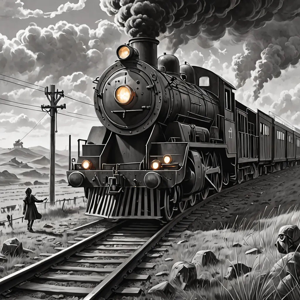 a black and white painting of a train on the tracks with a man standing next to it and a dog looking at it, Andrew Ferez, fantastic realism, a detailed matte painting, highly detailed digital painting
